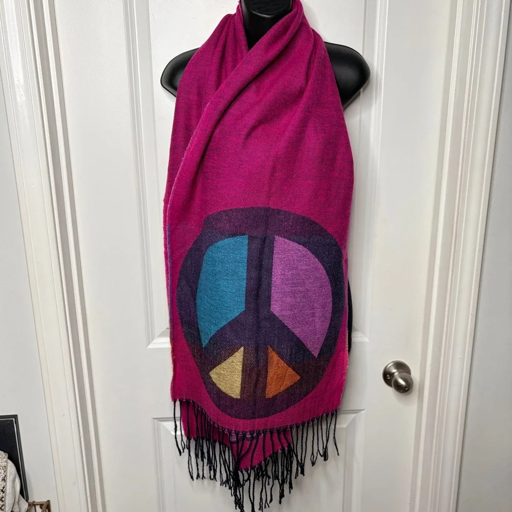 Peace Love Bright Magenta Graphic Scarf Recycled Polyester Fringe Wrap Pashmina